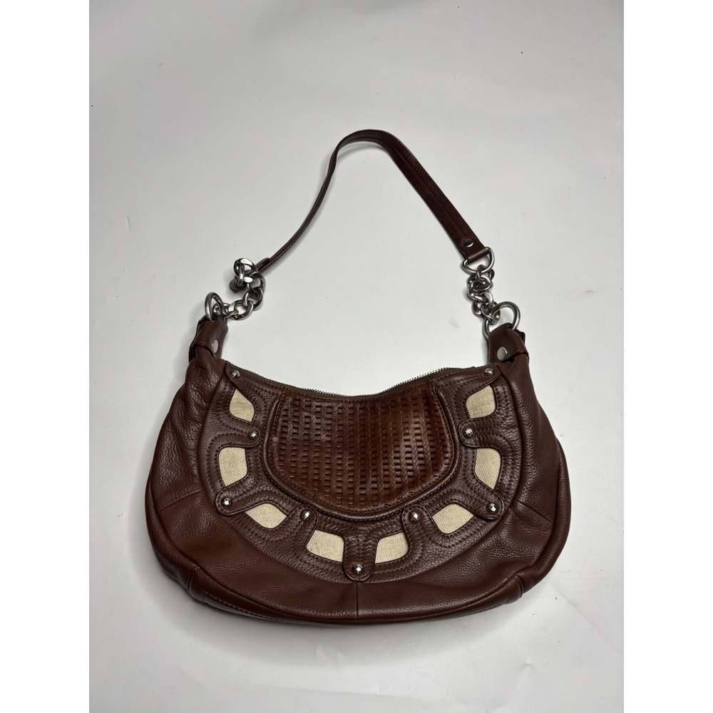 Brown Pebble Leather Shoulder Bag Purse Silver Stud Hardware Boho Hippie CETTU